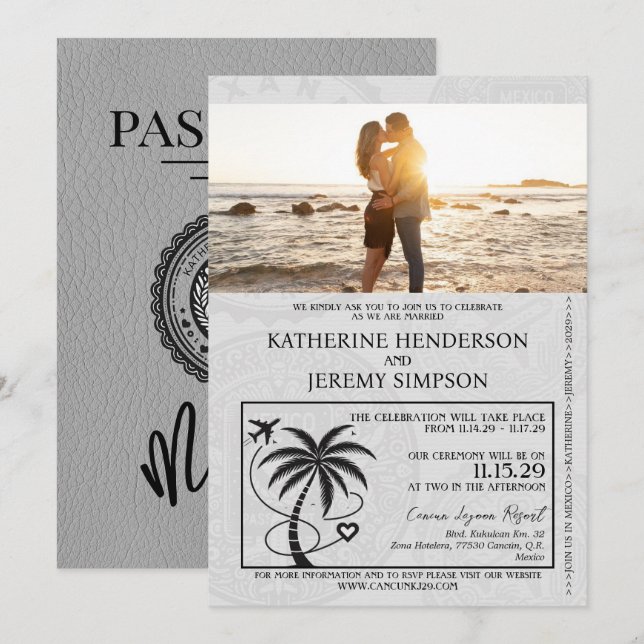 Gray Mexico Passport Wedding Einladung (Vorne/Hinten)
