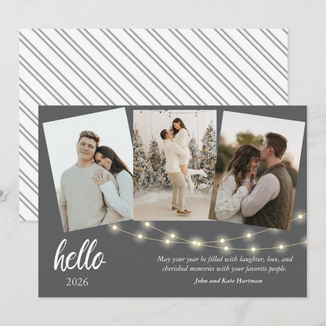 Gray Minimalist Hello New Year Photo Collage (Vorne/Hinten)