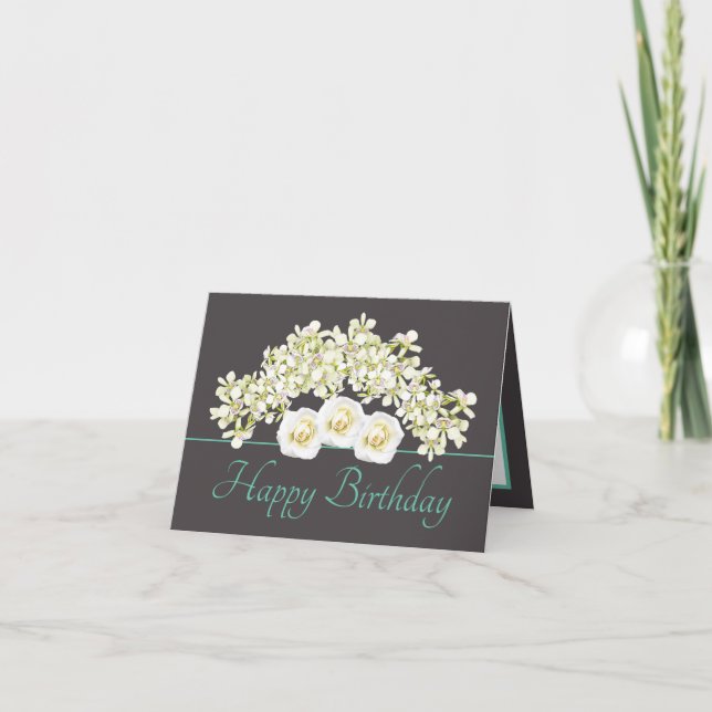 Gray Mint Bouquet Orchids Rose Happy Birthday Karte (Vorderseite)
