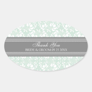 Gray Mint Damask Vielen Dank Gastgeschenk Hochzeit Ovaler Aufkleber