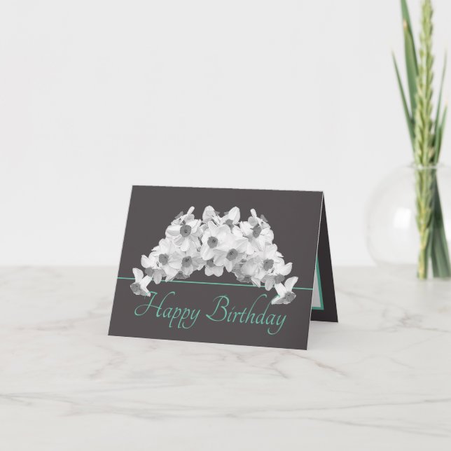 Gray Mint White Daffodils Bouquet Happy Birthday Karte (Vorderseite)