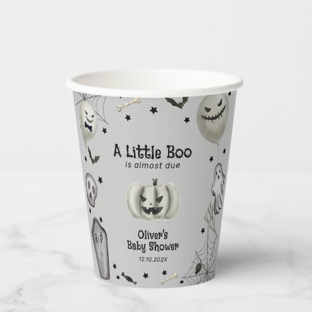 Gray Modern Little Boo Ghost Boy Baby Dusche Pappbecher (Vorderseite)