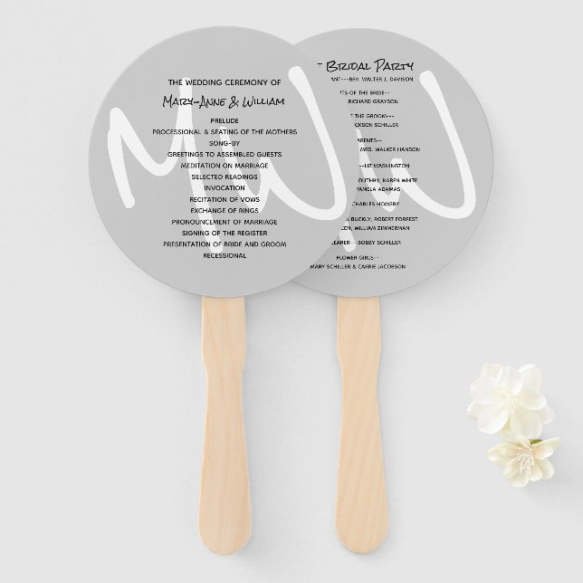 Gray Modern Monogram Wedding Program Fan Fächer (Vorne und Hinten)