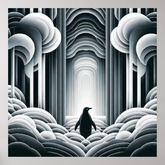 Gray Monochromatic Lovey Baby Penguin Art Déco