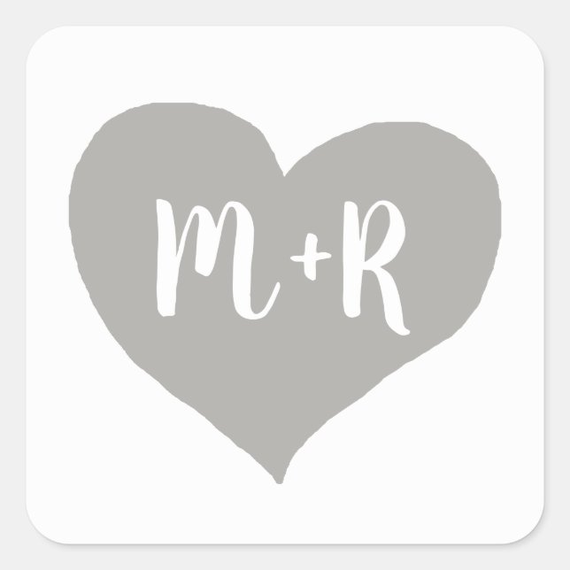 gray monogram love heart  quadratischer aufkleber (Vorderseite)