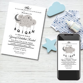 Gray Moon Cloud Star Baby Boy Muslim Aqiqah Aqeeqa Einladung