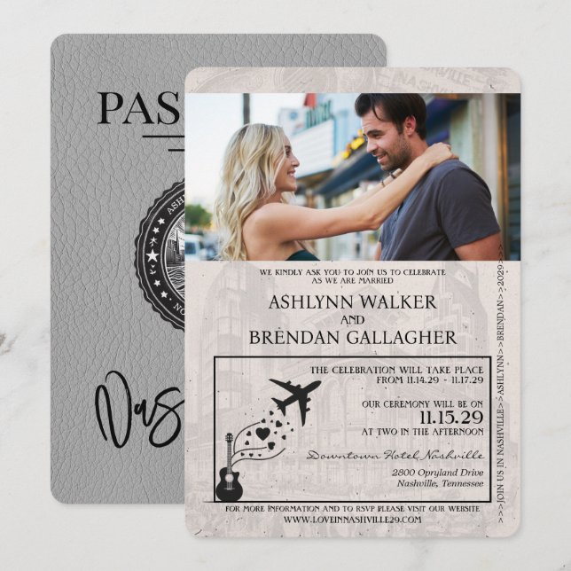 Gray Nashville Passport Hochzeitseinladung Einladung (Vorne/Hinten)