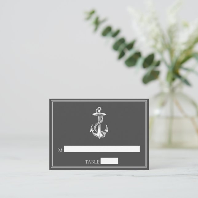 Gray Nautical Anchor Wedding Platzkarten (Stehend Vorderseite)