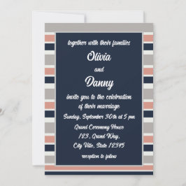 Gray Navy Blue Pink Coastal Streifen Hochzeit Einladung
