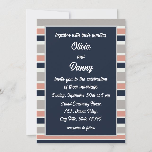 Gray Navy Blue Pink Coastal Streifen Hochzeit Einladung (Vorderseite)