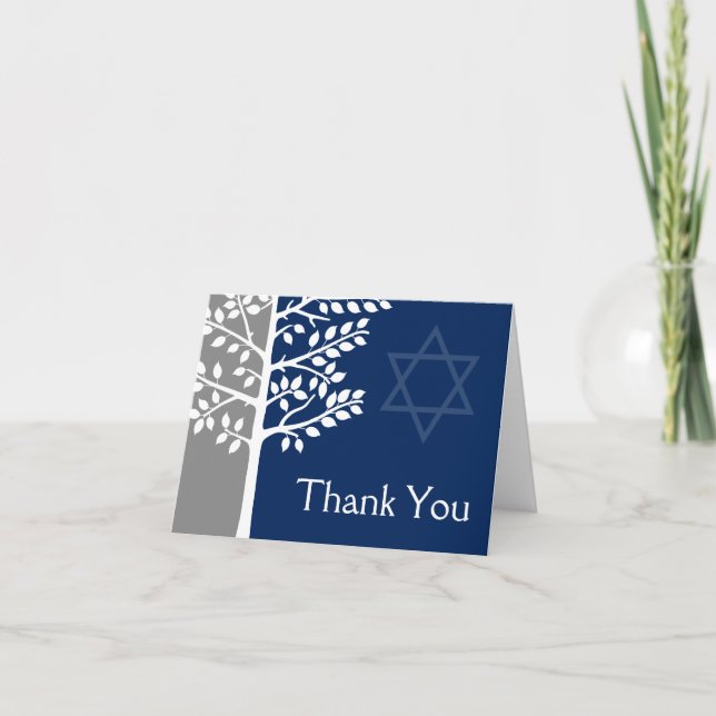 Gray Navy Blue Tree of Life Bar Mitzvah Vielen Dan Dankeskarte (Vorderseite)