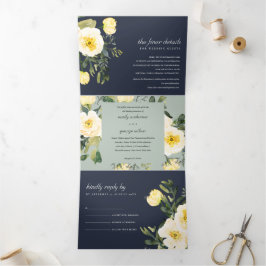 GRAY NAVY YELLOW PEONY FLORAL WATERCOLOR WEDD DREIFACH GEFALTETE EINLADUNG