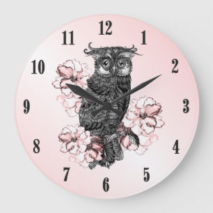Gray Owl Pink Orchids Black Numbers Große Wanduhr