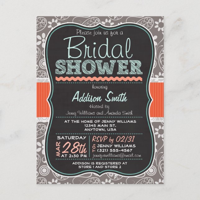 Gray Paisley Chalkboard Look Brautparty Einladungspostkarte (Vorderseite)