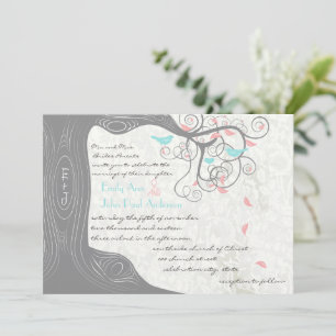 Gray Peachy Pink Minty Aqua Love Bird Wedding Einladung