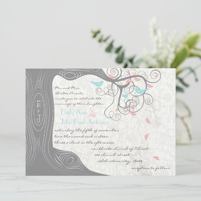 Gray Peachy Pink Minty Aqua Love Bird Wedding Einladung (Stehend Vorderseite)