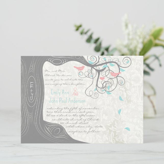 Gray Peachy Pink Minty Aqua Love Bird Wedding Einladung (Stehend Vorderseite)