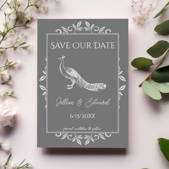 Gray Peacock Blüh Ankündigung (Gray Peacock Flourish Save the Date)