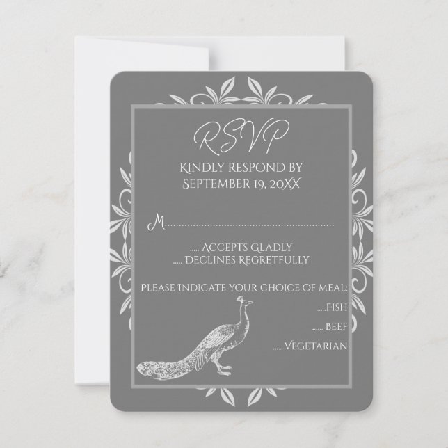Gray Peacock Blüh Wedding RSVP Card (Vorderseite)