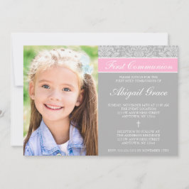 Gray Pink Damask Girl Foto Erste Kommune Einladung