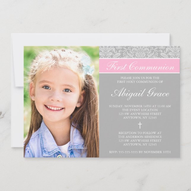 Gray Pink Damask Girl Foto Erste Kommune Einladung (Vorderseite)