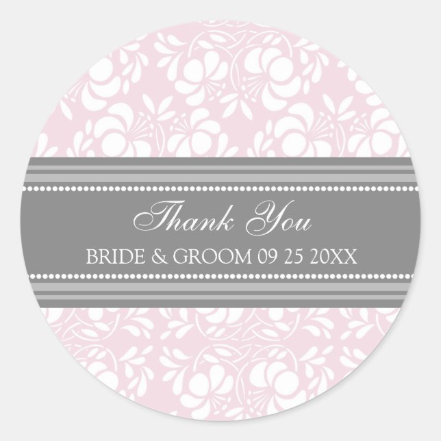 Gray Pink Damask Vielen Dank Gastgeschenk Hochzeit Runder Aufkleber (Vorderseite)