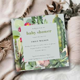 GRAY PINK FLORAL DESERT CACTI FOLIAGE BABY DUSCHE EINLADUNG