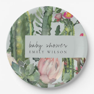 GRAY PINK FLORAL DESERT CACTI FOLIAGE BABY SHOWER PAPPTELLER