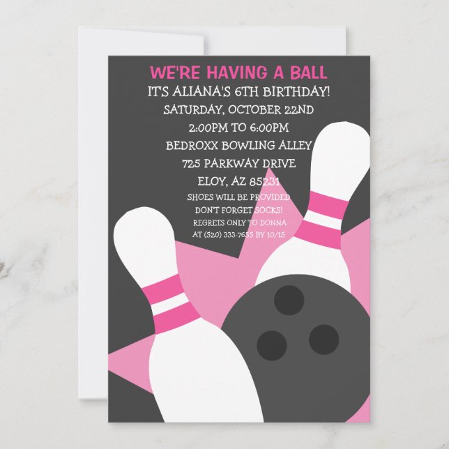 Gray/Pink On the Ball Bowling Party Invitation (Devant)