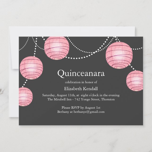 Gray & Pink Party Lantern Quinceanera Einladung (Vorderseite)