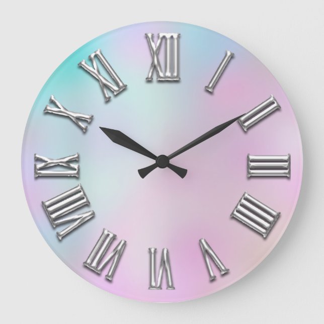 Gray Pink Silver Roman Number Holograph Große Wanduhr (Vorderseite)