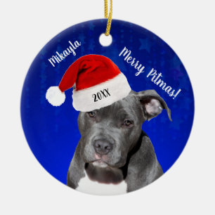 Gray Pit Bull mit Weihnachtsmannmütze Merry Pitmas Keramik Ornament