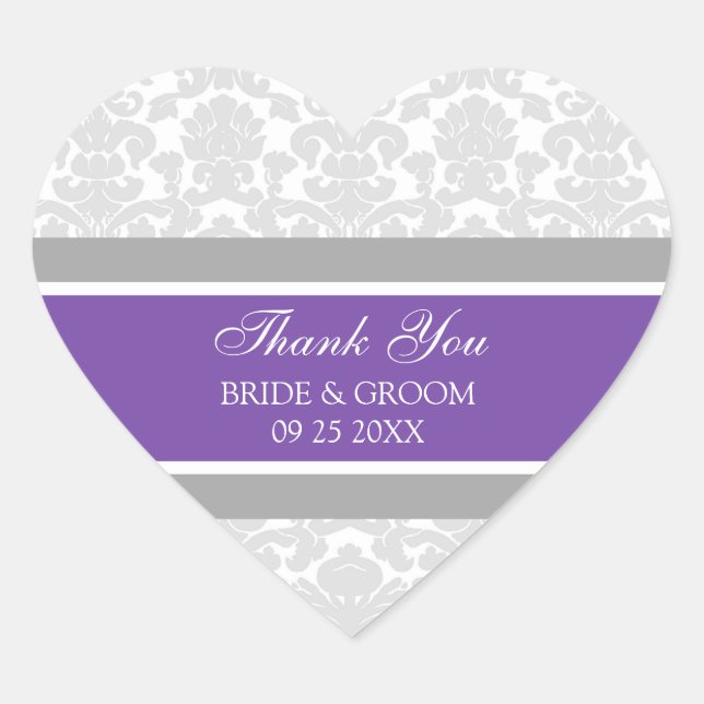 Gray Plum Damask Vielen Dank Gastgeschenk Hochzeit Herz-Aufkleber (Vorderseite)
