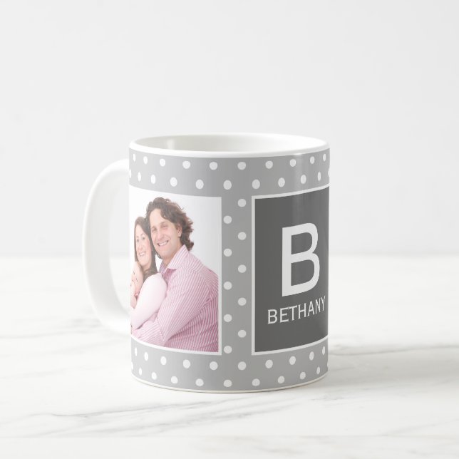 Gray Polka Dot Custom Foto Monogram Kaffeetasse (Vorderseite Links)
