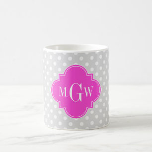Gray Polka Dot Hot Pink Quatrefolie 3 Monogramm Kaffeetasse