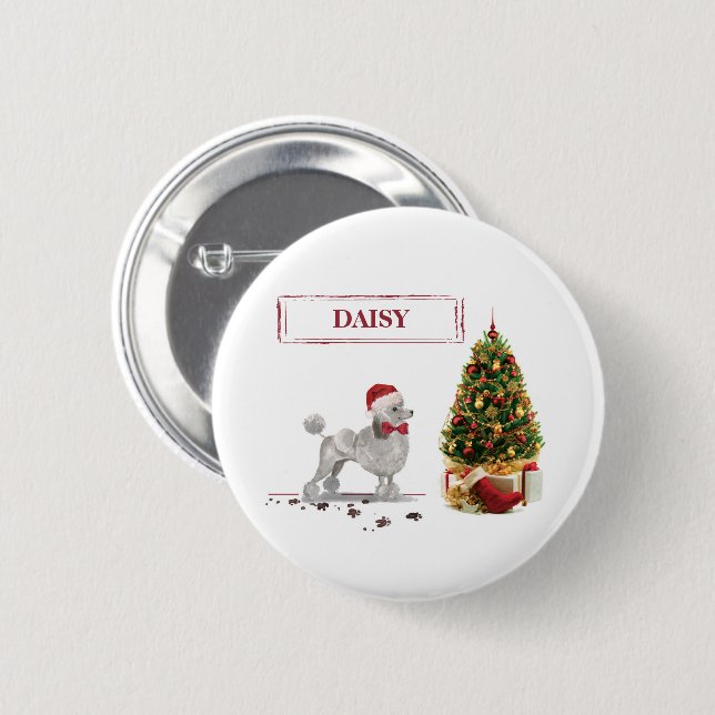 Gray Poodle Funny Christmas Dog mit Baum Button (Vorne & Hinten)