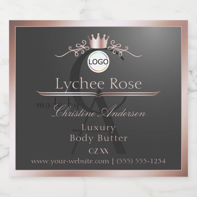 Gray Product Label Rose Gold Frame Logo Monogram Alkoholflaschenetikett (Einzelnes Label)