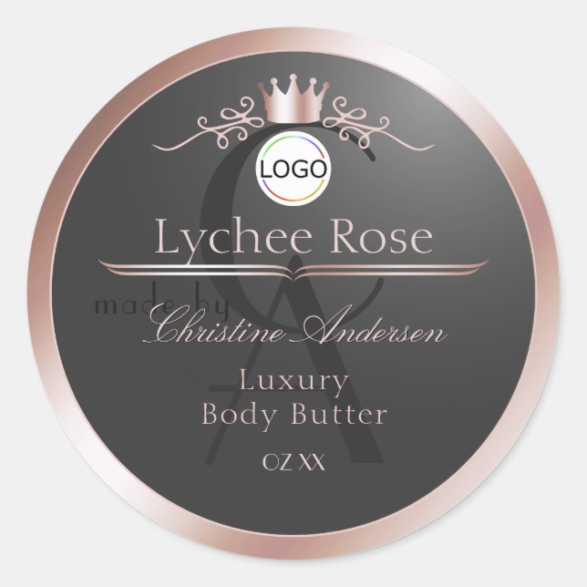 Gray Product Label Rose Gold Frame Logo Monogram Runder Aufkleber (Vorderseite)
