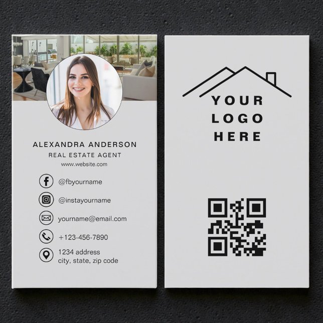 Gray QR Code Real Estate Agent Photo Logo Visitenkarte (Von Creator hochgeladen)