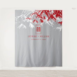 Gray & Red Bamboo Blätter Chinesischer Hochzeitsta Wandteppich