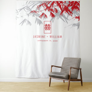 Gray & Red Bamboo Blätter Chinesischer Hochzeitsta Wandteppich