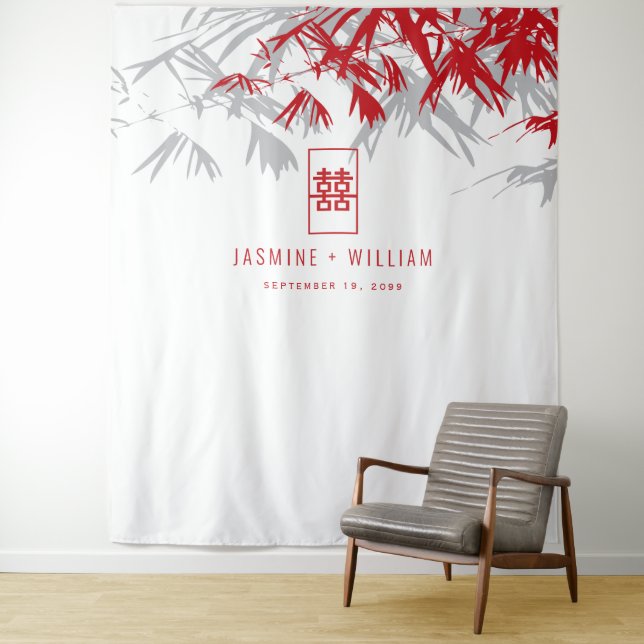 Gray & Red Bamboo Blätter Chinesischer Hochzeitsta Wandteppich (Beispiel)