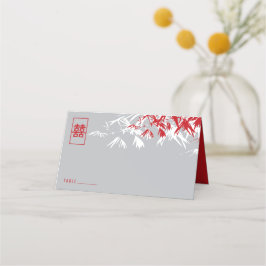 Gray & Red Bamboo Blätter Double Xi Chinese Weddin Platzkarte