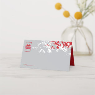 Gray & Red Bamboo Blätter Double Xi Chinese Weddin Platzkarte