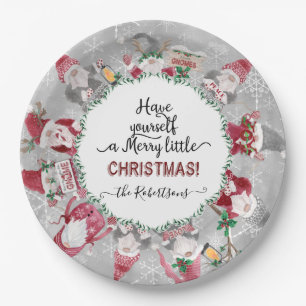 Gray Red Gnomes Merry Little Christmas Snowflakes Pappteller