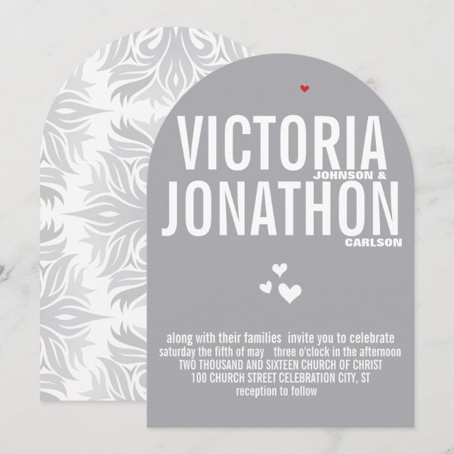 Gray Red Heart Gray Floral Typografy Wedding Einladung (Vorne/Hinten)
