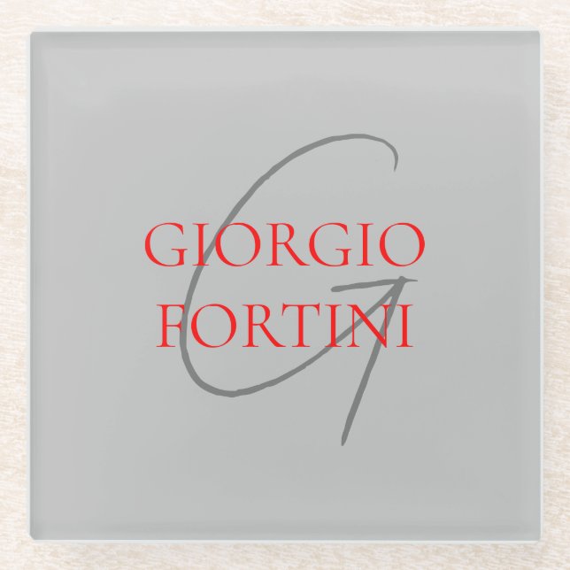 Gray Red Your Name Initial Monogram Modern Glasuntersetzer (Vorderseite)