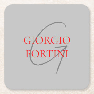 Gray Red Your Name Initial Monogram Modern Rechteckiger Pappuntersetzer
