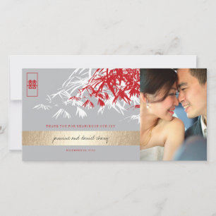 Gray & Red Zen Bamboo Verlasse chinesisches Hochze Dankeskarte