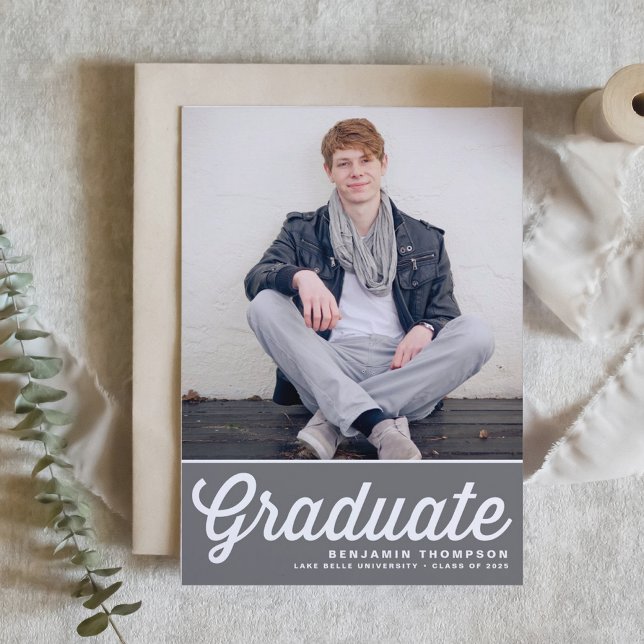 Gray Retro Bold Typografy Foto Abschluss Einladung (Customizable class of 2025 photo graduation invitation featuring retro lettering. )